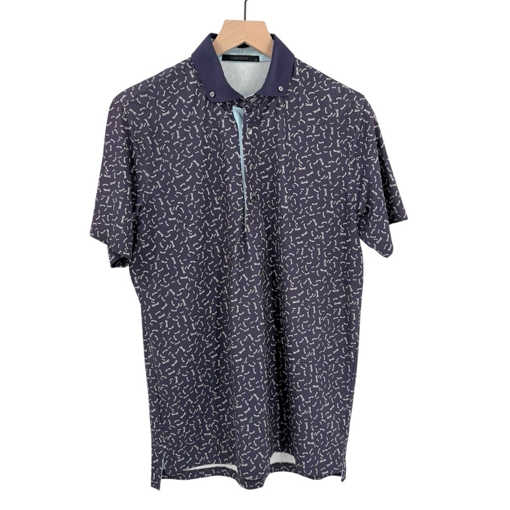 Greyson Men's Navy Patterned Polo with Light Blue Trim